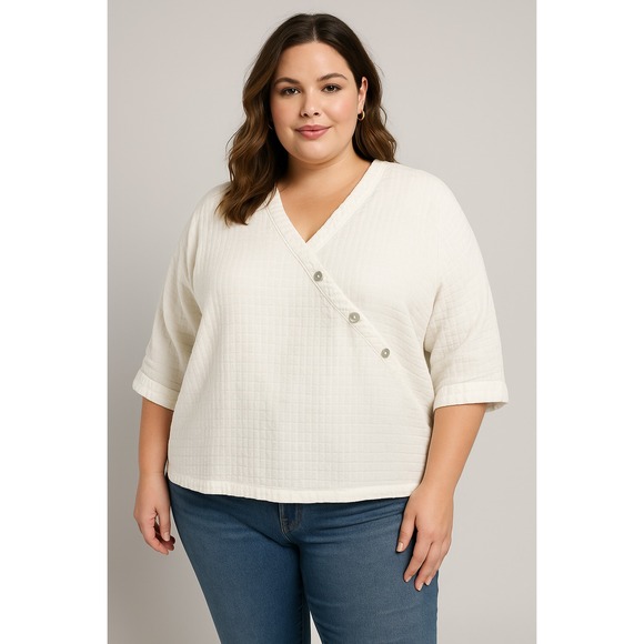 David Dart‎ Top Womens Plus Size 3X White Asymmetric Button Linen Boxy Textured - Picture 1 of 13
